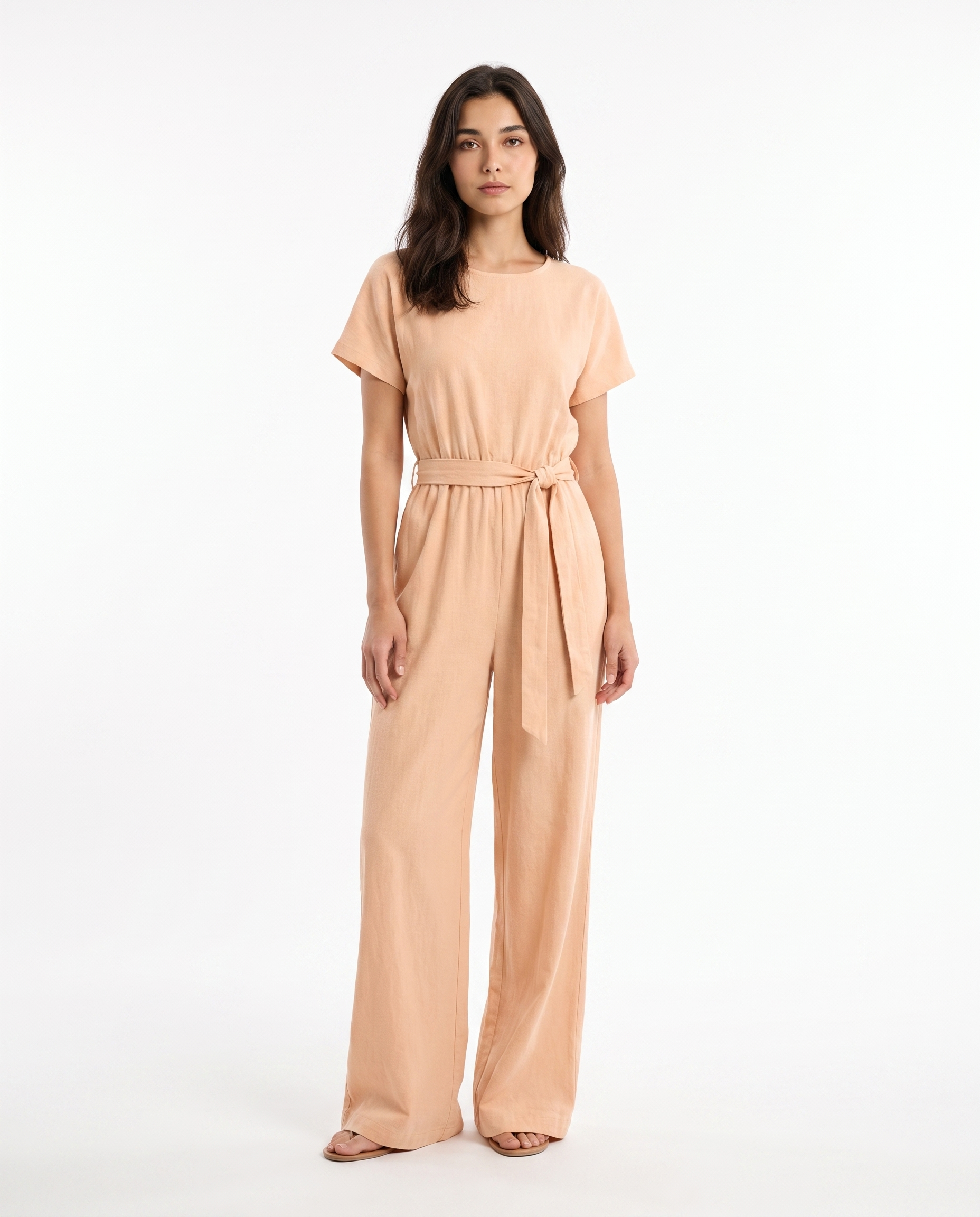 Women's beige short-sleeve wide-leg jumpsuit with tie waist belt