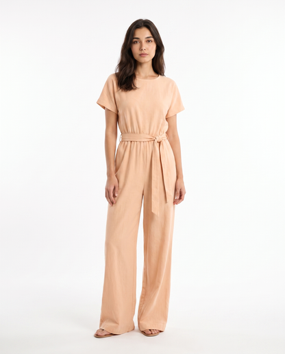 Women's beige short-sleeve wide-leg jumpsuit with tie waist belt