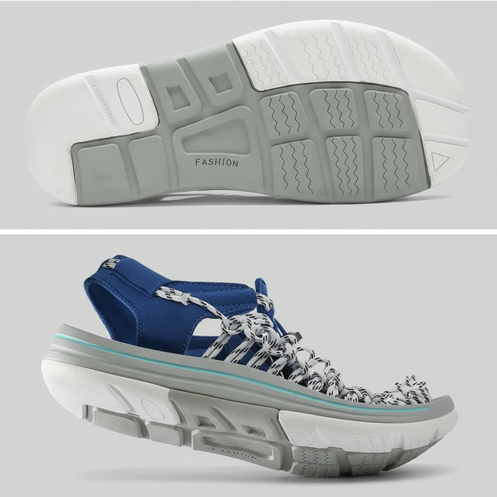Blue woven water shoes shown from the side with white textured outsole.