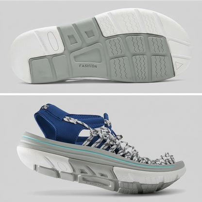 Blue woven water shoes shown from the side with white textured outsole.