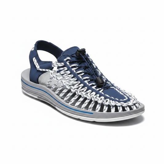 Navy woven water shoes with lace-up knit upper and white-and-blue EVA sole edge.