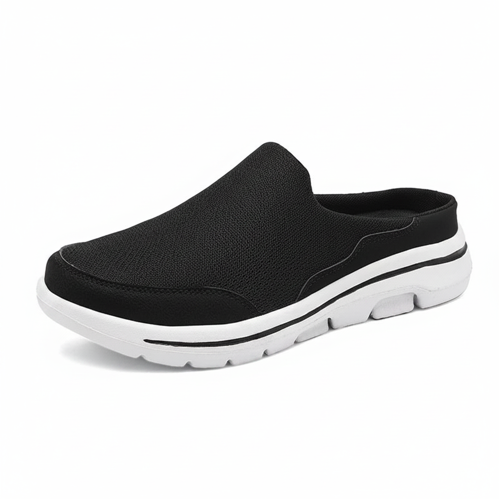 Men's breathable summer slippers, black backless slides with thick white sole