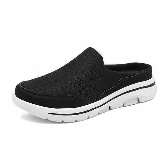 Men's breathable summer slippers, black backless slides with thick white sole
