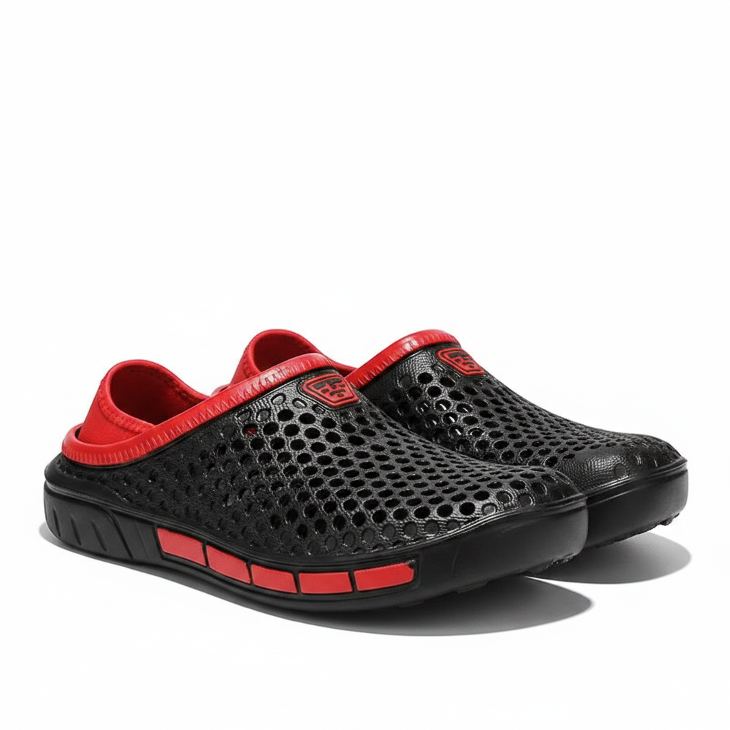 Geometric beach clogs, black with red trim, slip-on perforated upper