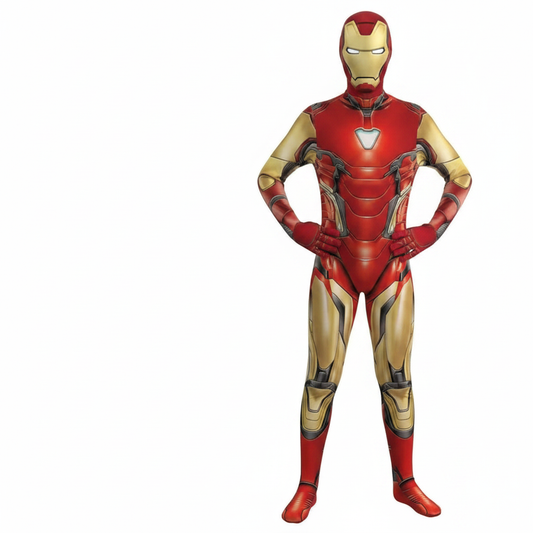 Red and gold armor-print spandex bodysuit with chest emblem; hands-on-hips front view.