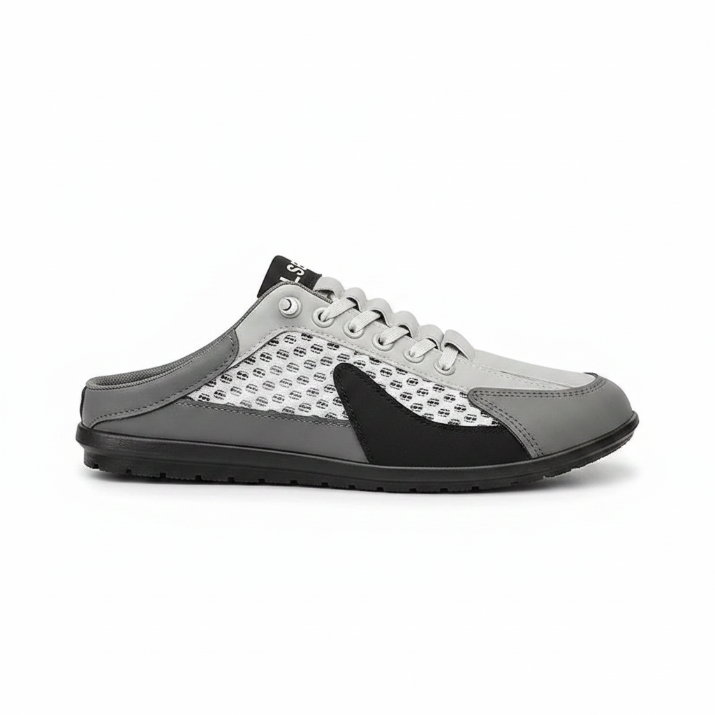 Men's mesh slip-on loafer shoes, light gray and black panels, lace-up, closed toe.