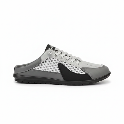 Men's mesh slip-on loafer shoes, light gray and black panels, lace-up, closed toe.