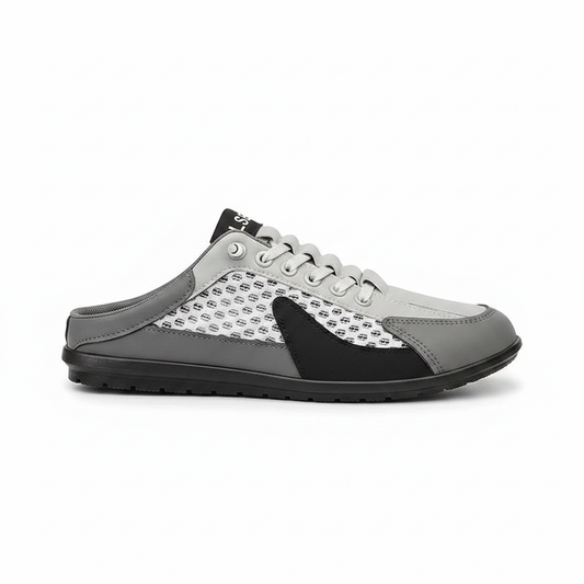 Men's mesh slip-on loafer shoes, light gray and black panels, lace-up, closed toe.