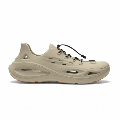 Khaki lace-up molded clog sandals with perforated footbed and slip-resistant sole