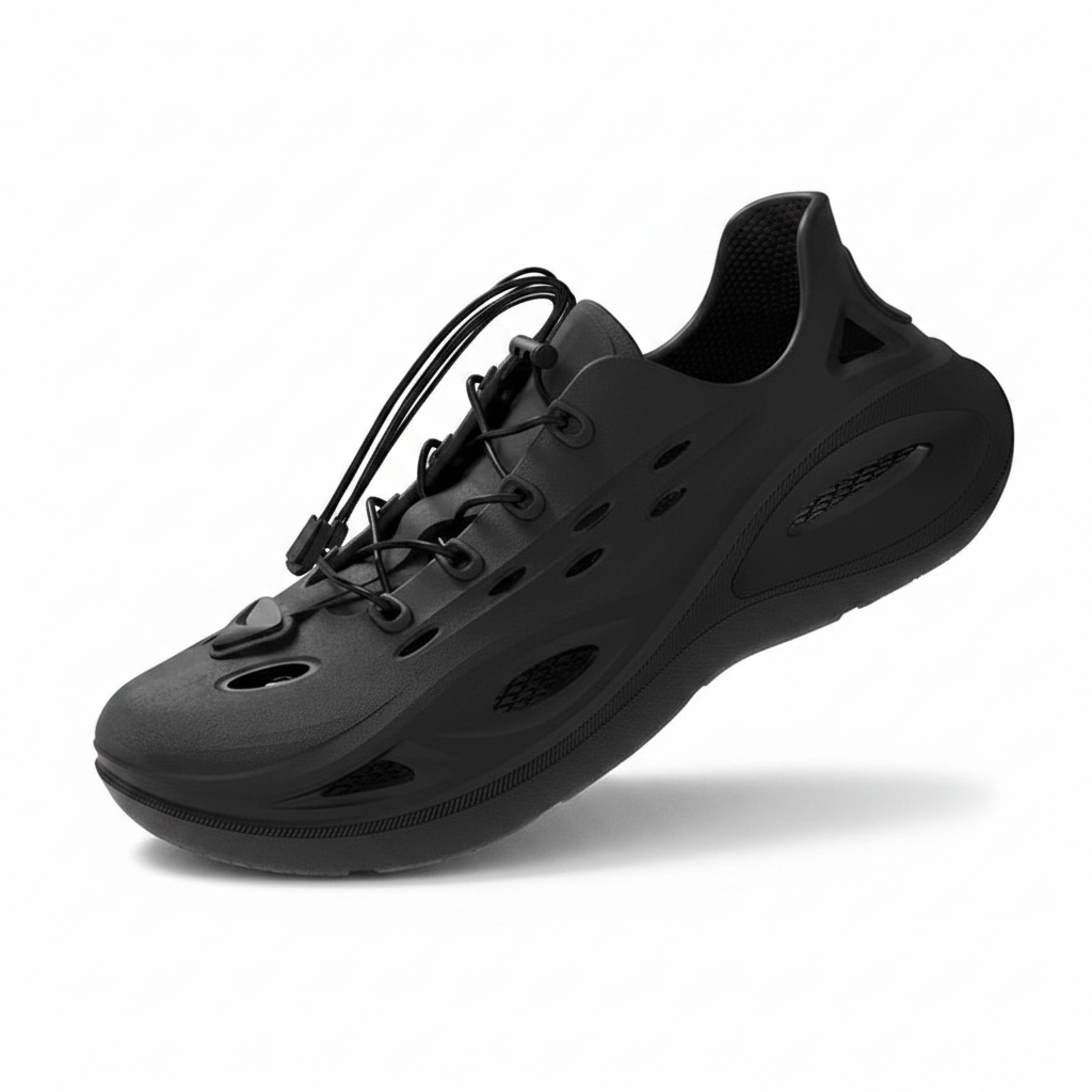 Black lace-up molded clog sandals with perforations, cushioned footbed, and grippy sole