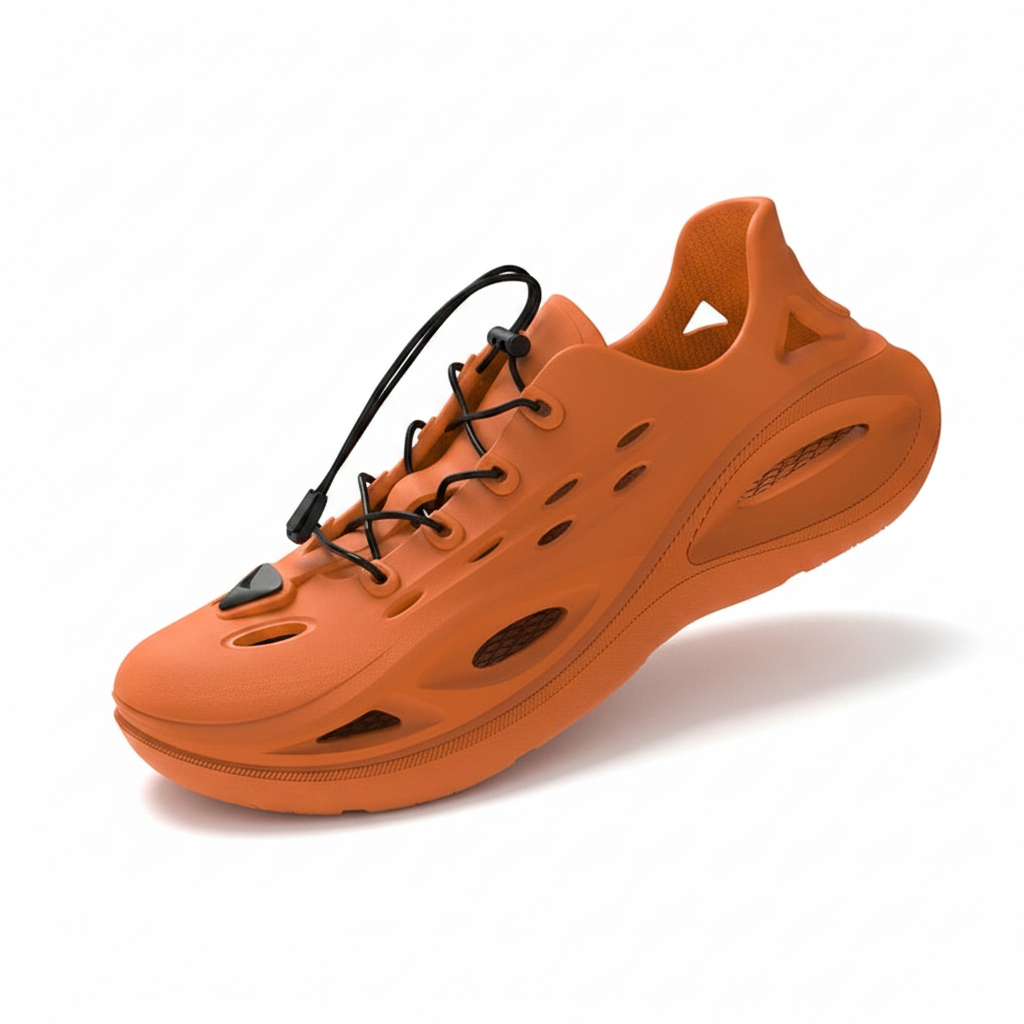 Orange lace-up molded clog sandals with perforated footbed and textured sole