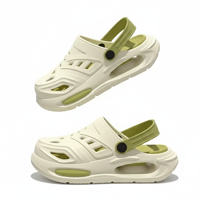 Cream and green arch-support clogs with thick sole and ventilation holes