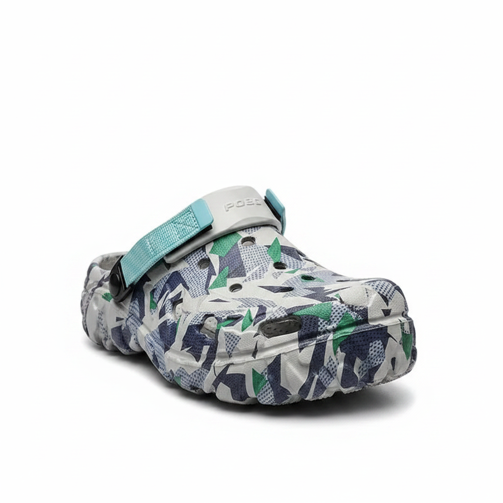 Men's camouflage garden clog with teal strap, blue and green pattern