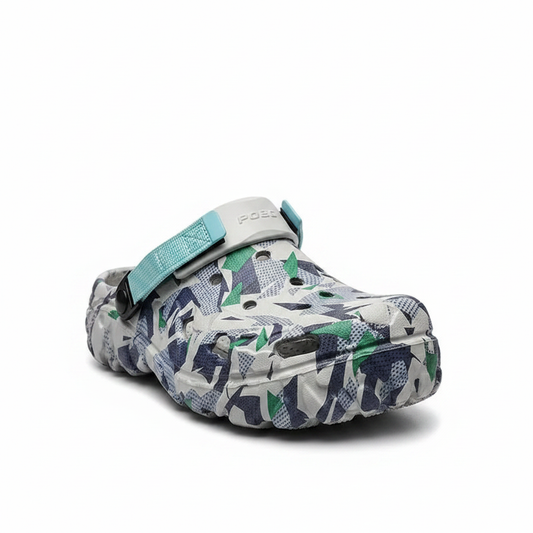 Men's camouflage garden clog with teal strap, blue and green pattern