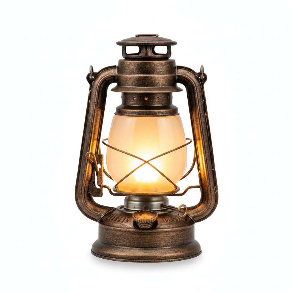 Bronze rechargeable vintage LED camping lantern with warm glowing glass shade