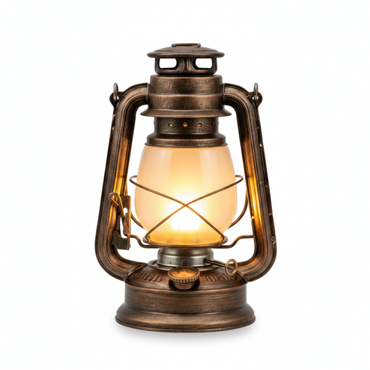 Bronze rechargeable vintage LED camping lantern with warm glowing glass shade