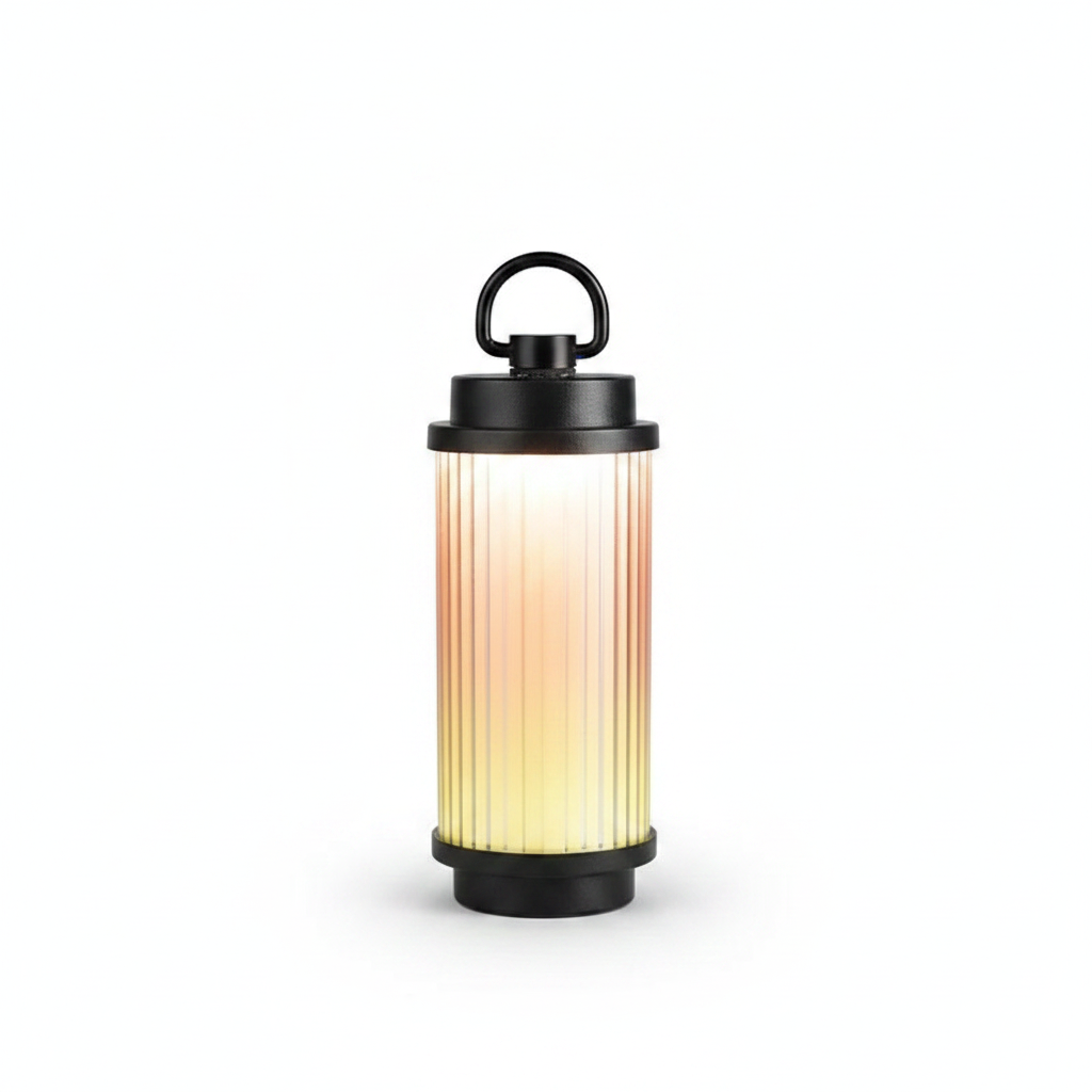 Black rechargeable camping LED lantern with frosted glass cylinder and carry handle
