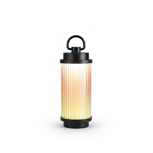 Black rechargeable camping LED lantern with frosted glass cylinder and carry handle