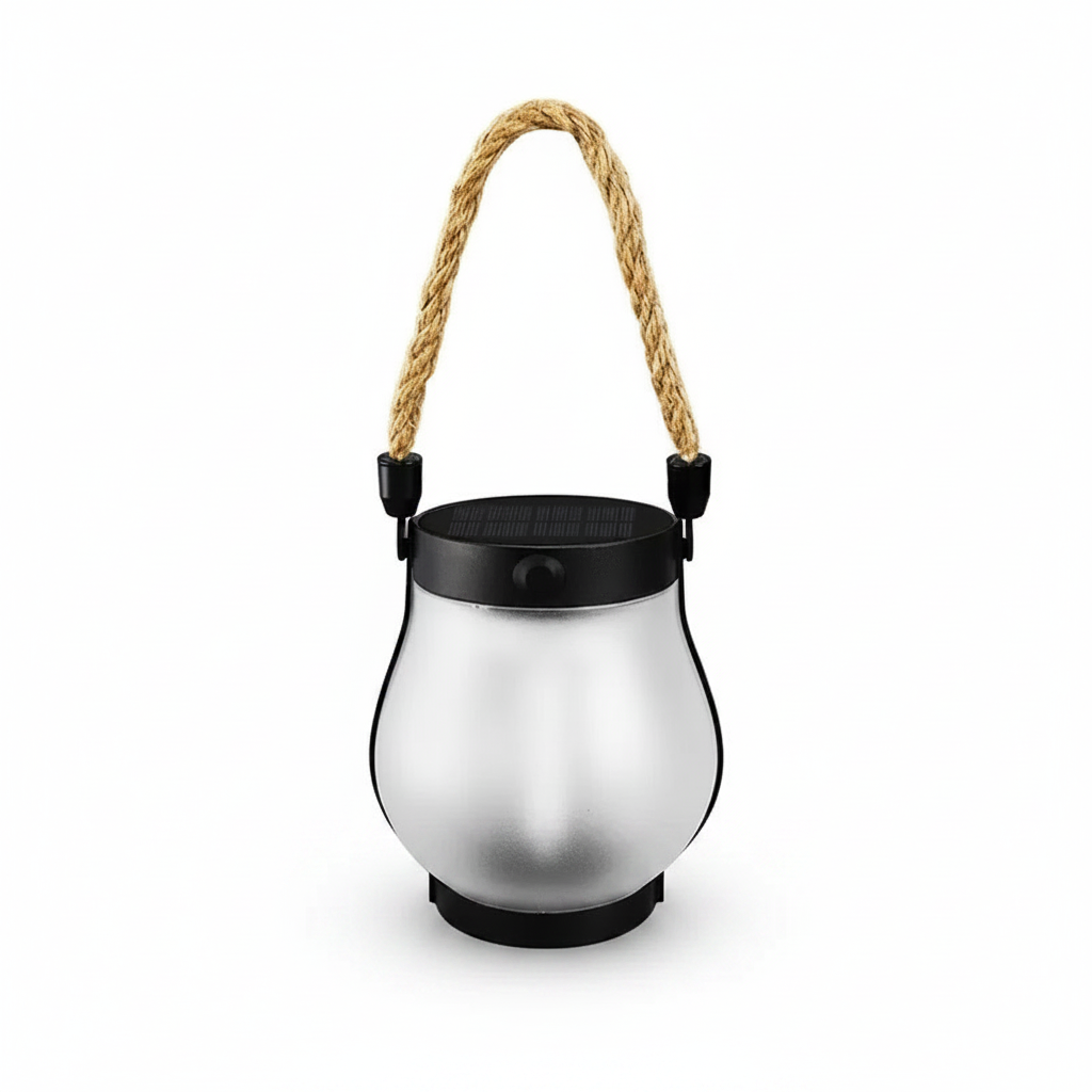 Hanging solar flame lantern with rope handle, black top and frosted silver body