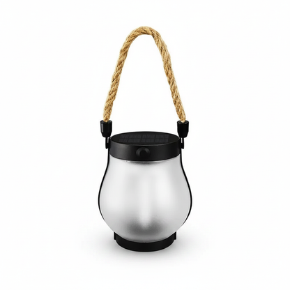 Hanging solar flame lantern with rope handle, black top and frosted silver body