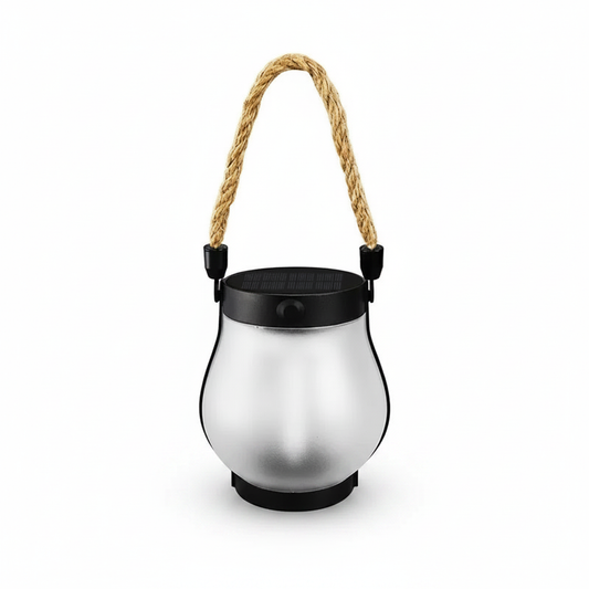 Hanging solar flame lantern with rope handle, black top and frosted silver body