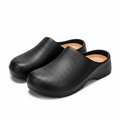 Black textured slip-on clog pair with open back and cushioned tread sole