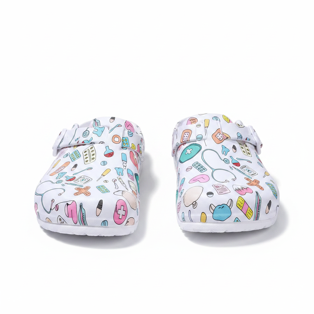 White medical-print nurse clogs with adjustable buckle straps, pair front view.