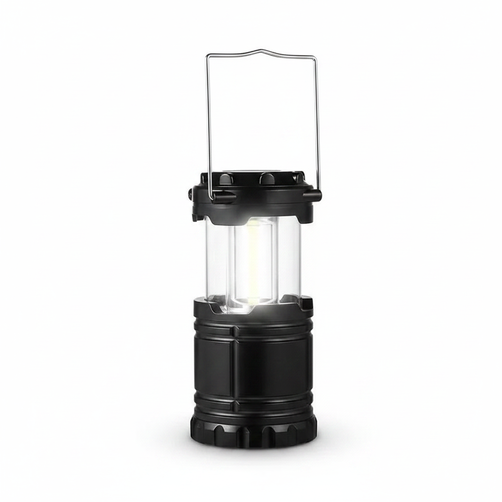 Collapsible camping lantern with clear panels and black handle, portable LED light