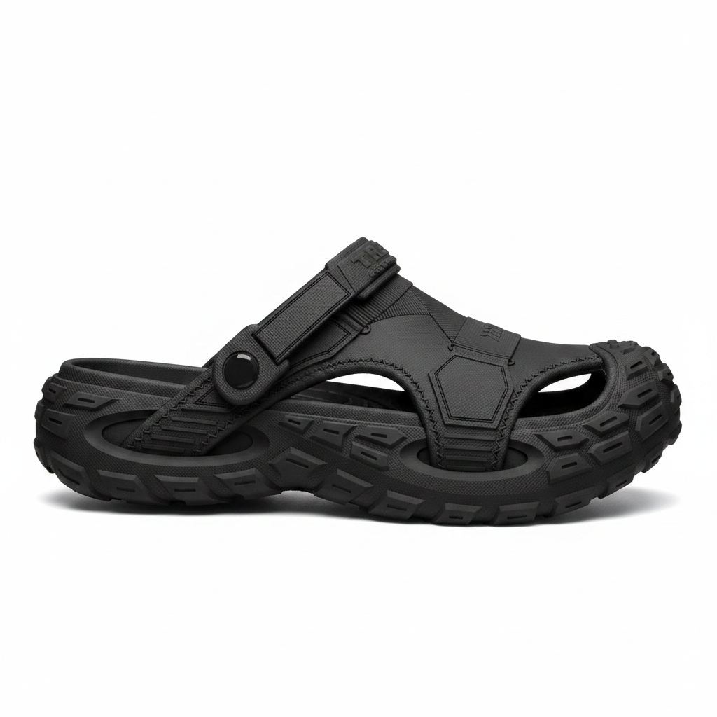 Men's summer clog sandals in black, side view with adjustable strap and open toe holes