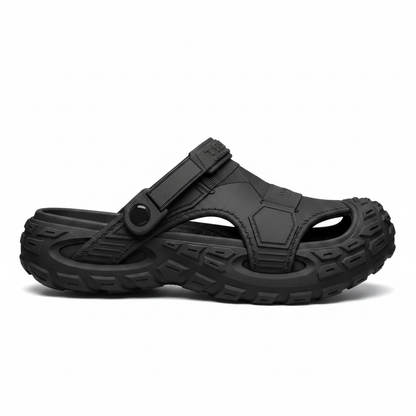 Men's summer clog sandals in black, side view with adjustable strap and open toe holes