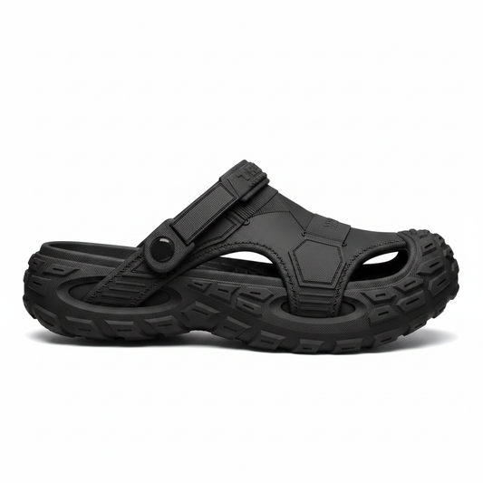 Men's summer clog sandals in black, side view with adjustable strap and open toe holes