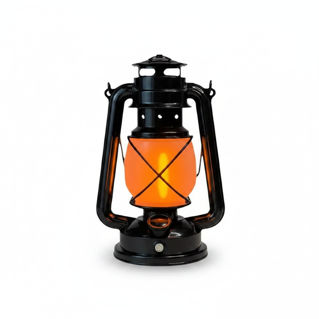 Black rechargeable vintage LED camping lantern with warm orange glowing glass shade