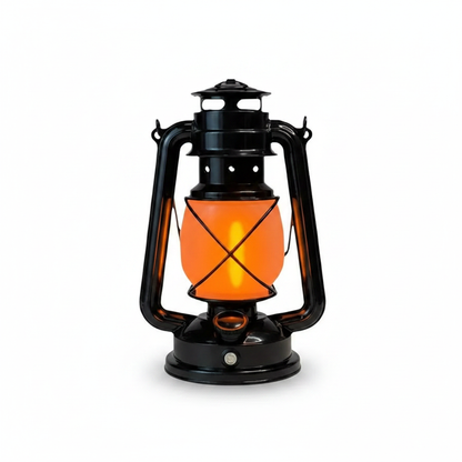 Black rechargeable vintage LED camping lantern with warm orange glowing glass shade