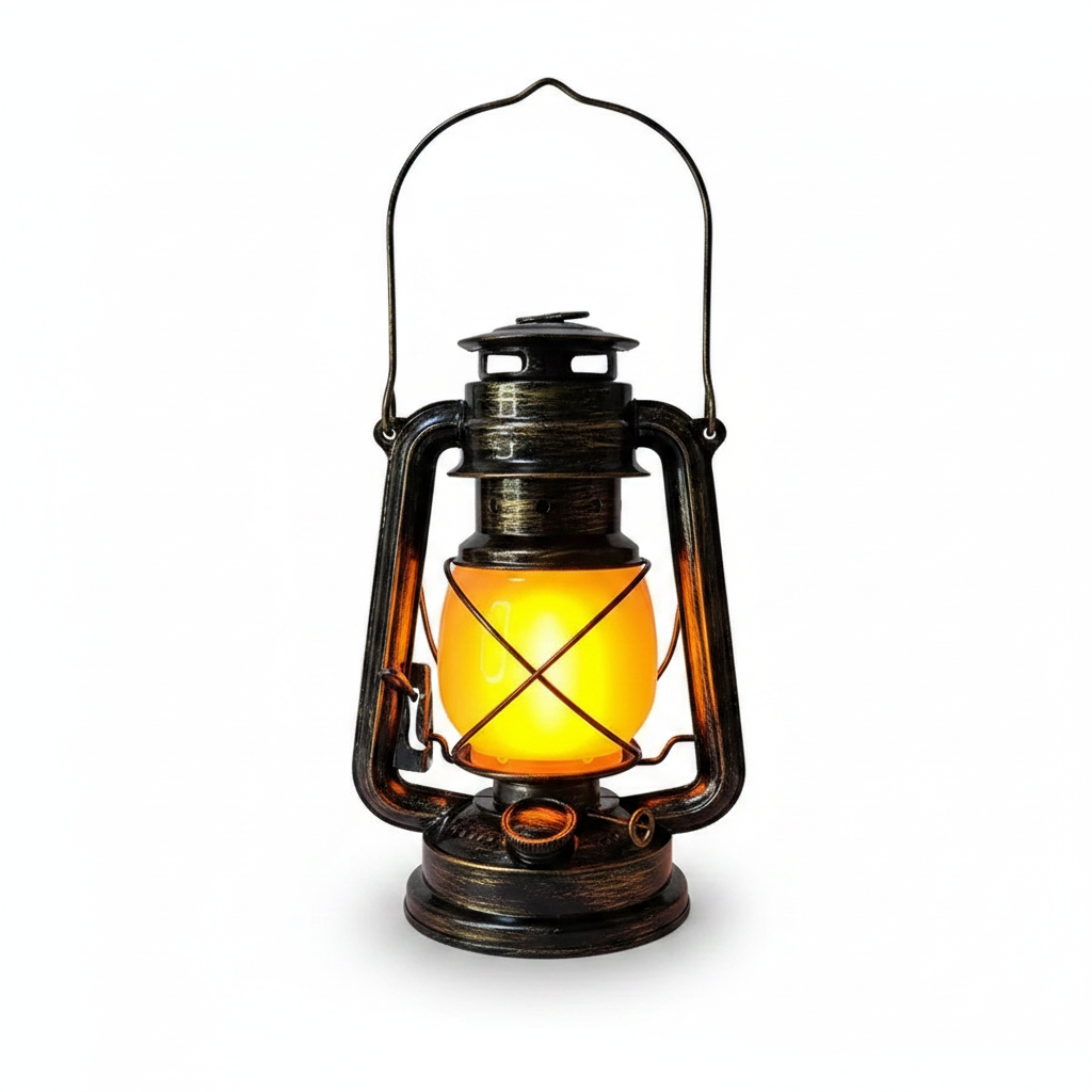 Dark bronze rechargeable vintage LED camping lantern with yellow glowing glass shade