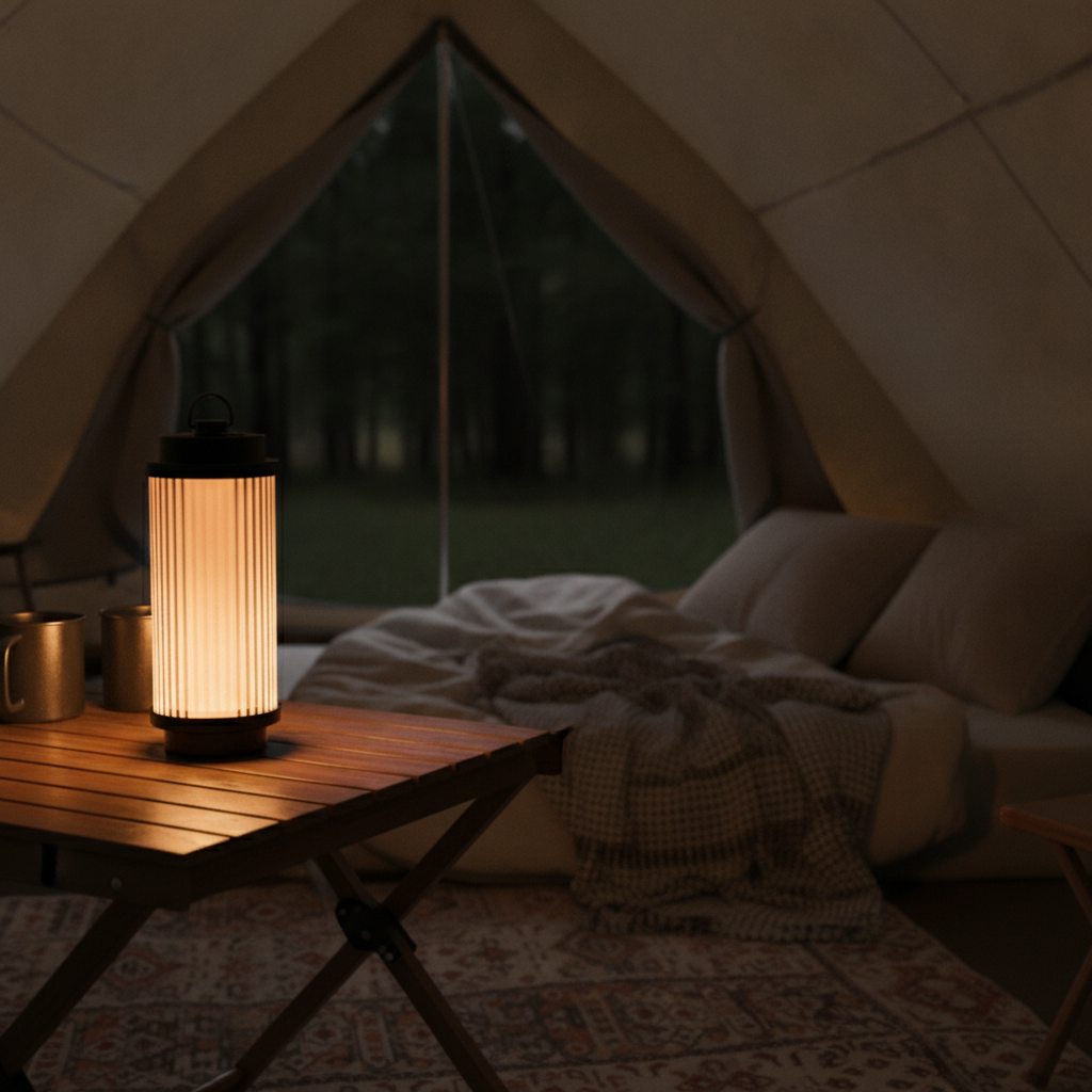 Portable camping LED lantern with frosted cylinder, warm light glow on tabletop