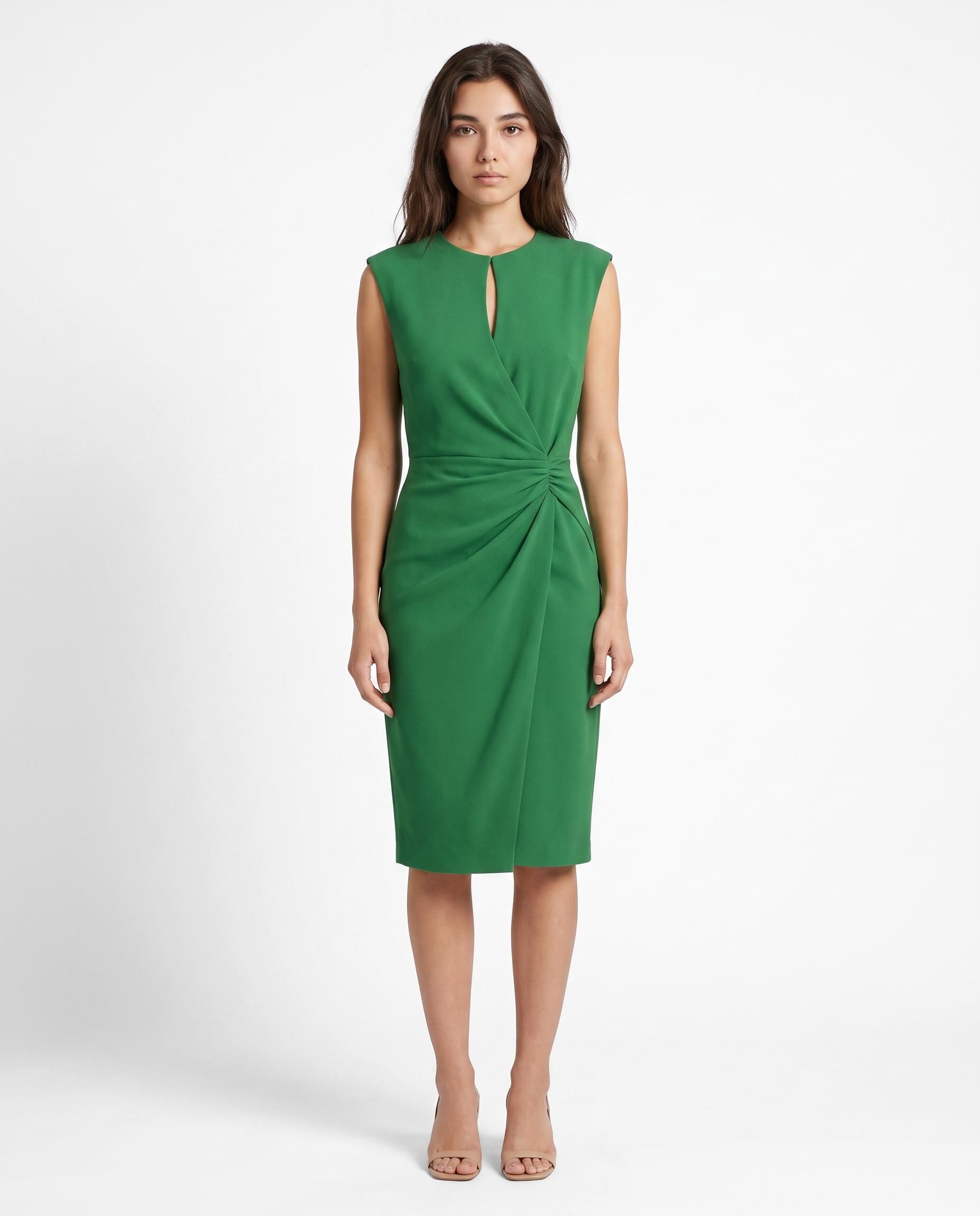 Green sleeveless sheath midi dress with ruched waist knot and V-neck front