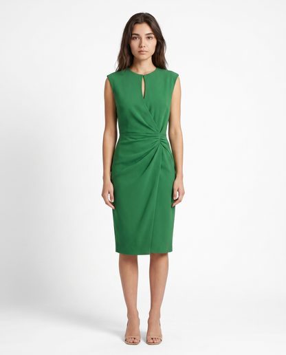 Green sleeveless sheath midi dress with ruched waist knot and V-neck front