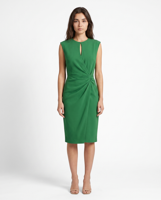 Green sleeveless sheath midi dress with ruched waist knot and V-neck front