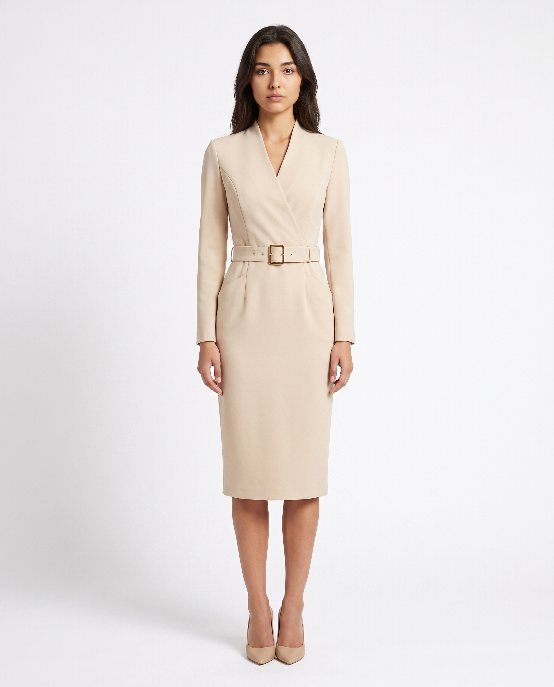 Beige belted long-sleeve midi dress with V-neck, fitted waist and midi length