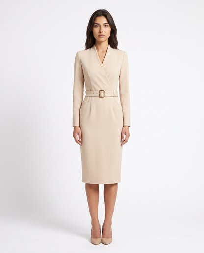 Beige belted long-sleeve midi dress with V-neck, fitted waist and midi length