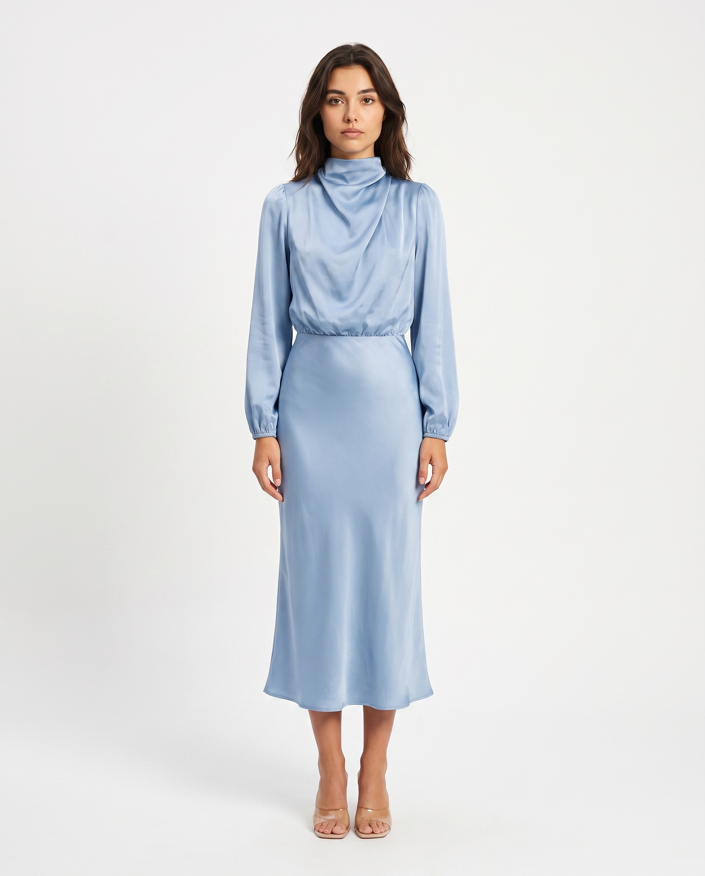 Light blue satin cowl-neck midi dress with long sleeves, fitted waist and midi hem