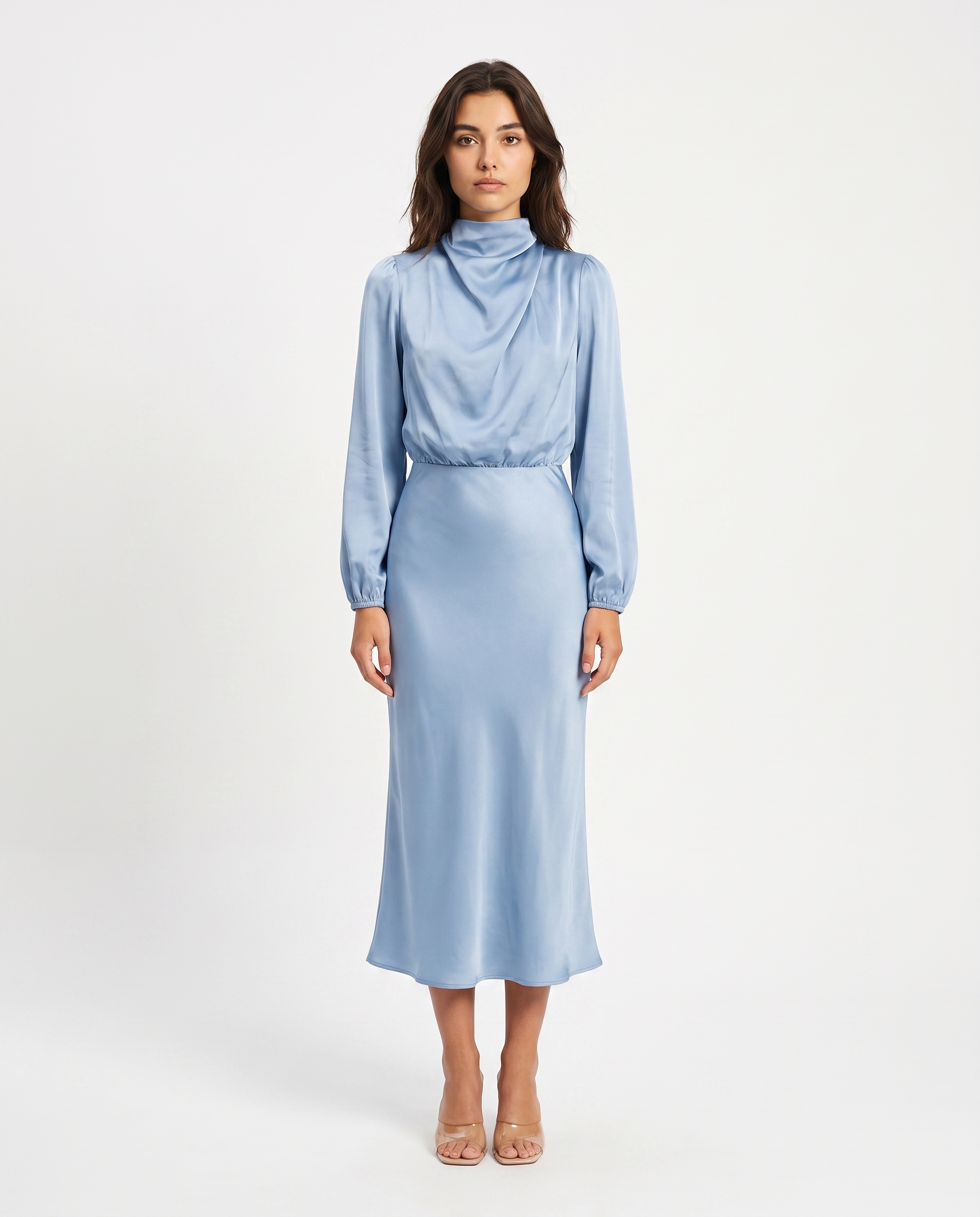 Light blue satin cowl-neck midi dress with long sleeves, fitted waist and midi hem