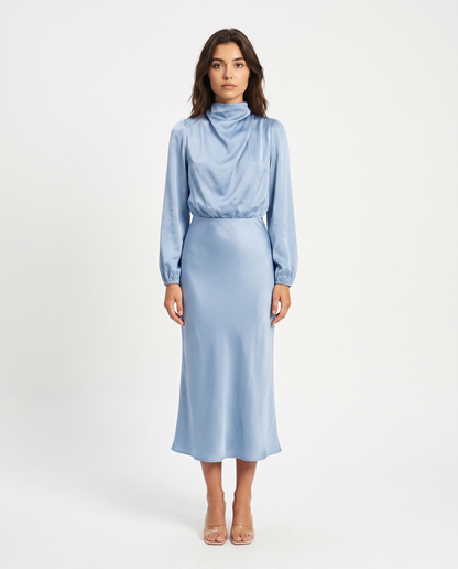 Light blue satin cowl-neck midi dress with long sleeves, fitted waist and midi hem