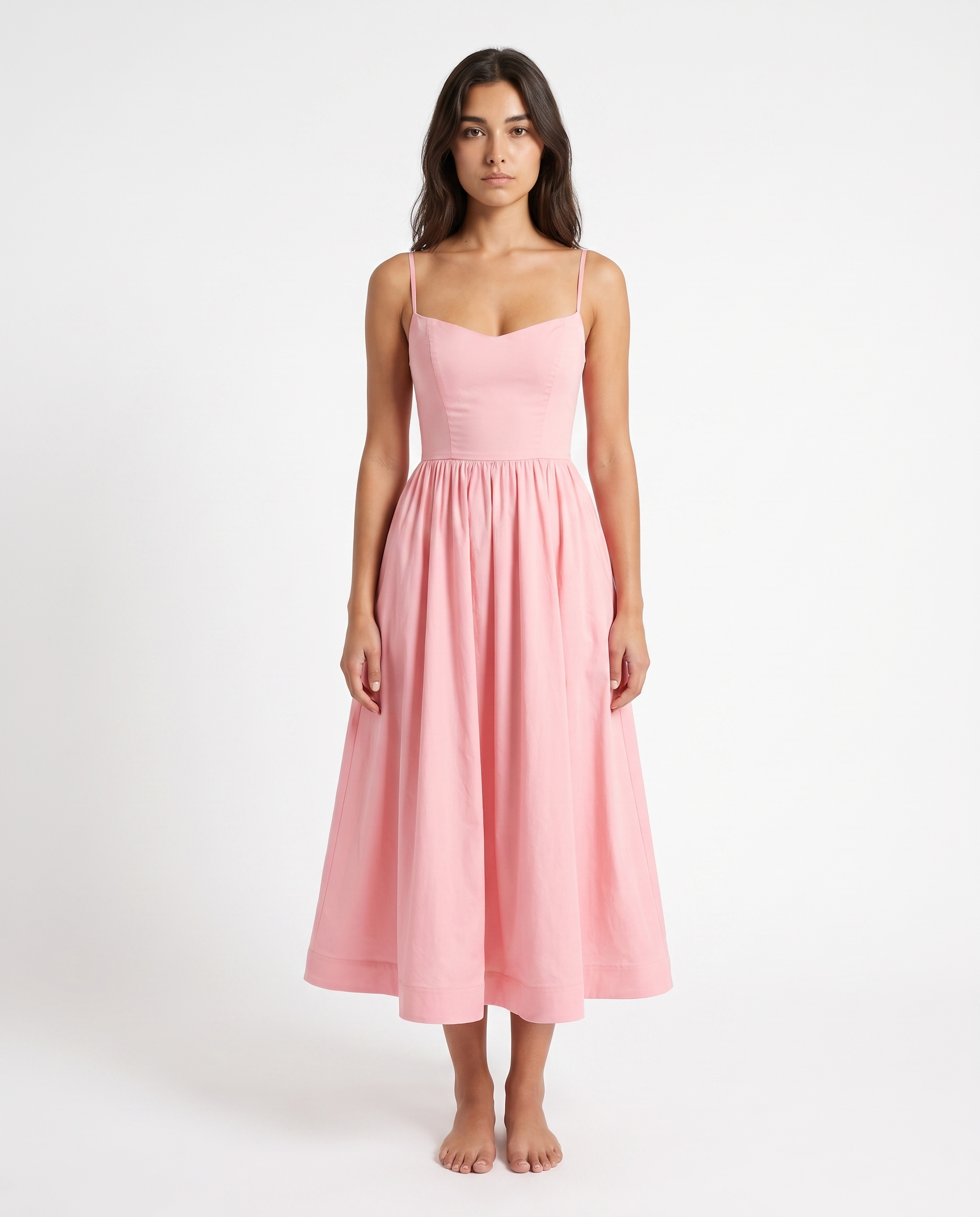 Pink sweetheart neckline midi fit-and-flare dress with spaghetti straps