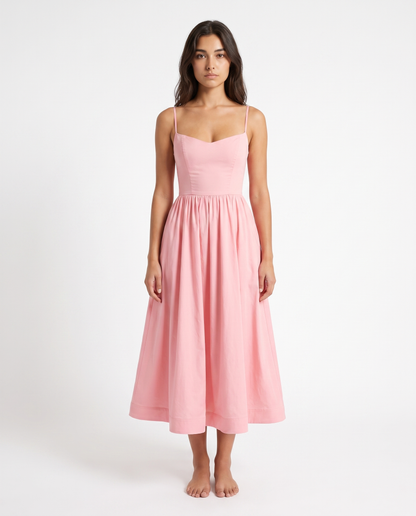 Pink sweetheart neckline midi fit-and-flare dress with spaghetti straps