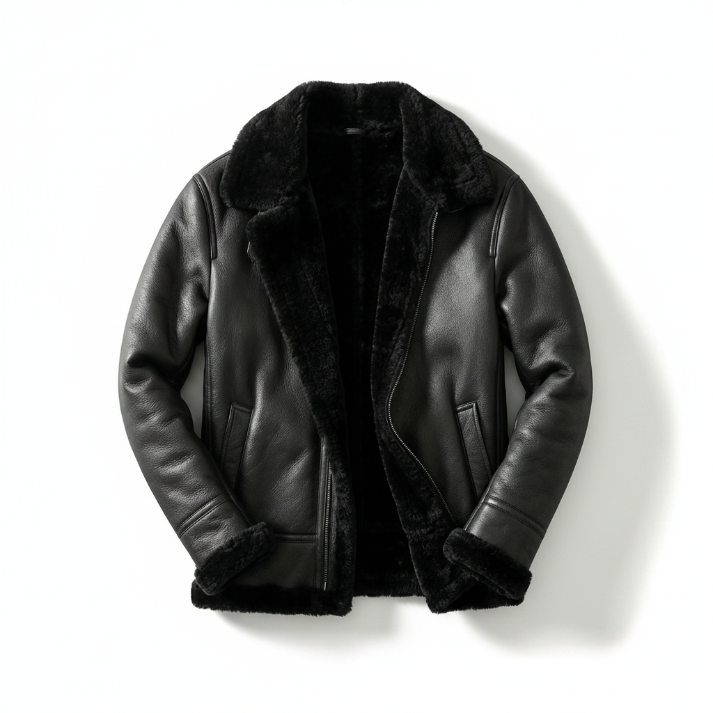 Black women’s aviator leather jacket with shearling collar and full front zipper