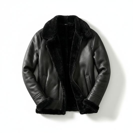 Black women’s aviator leather jacket with shearling collar and full front zipper