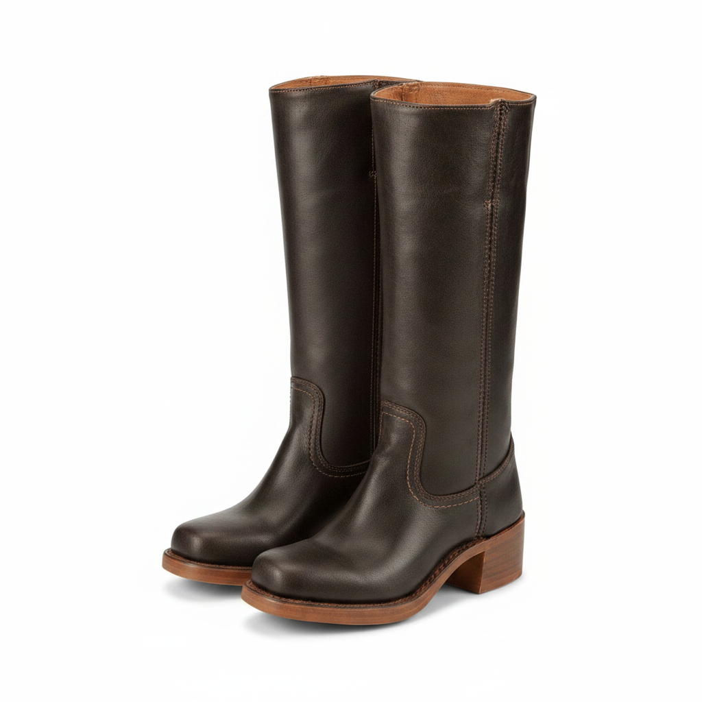 Knee-high leather boots, dark brown, pull-on with side gore and stacked block heel