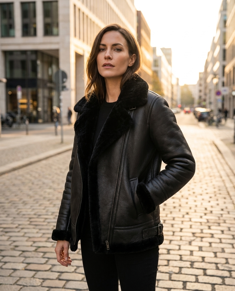 Woman wearing a black leather aviator jacket with shearling collar and zip front