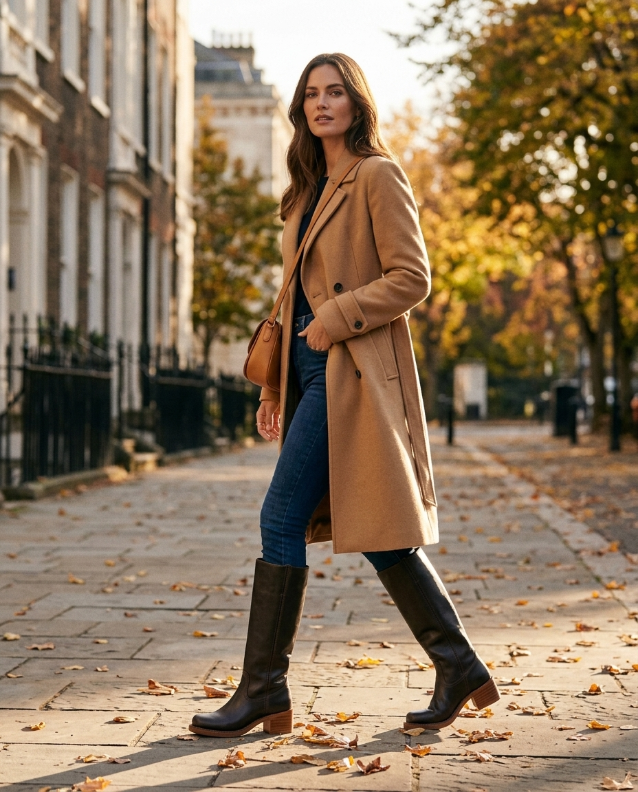 Knee-high leather boots in dark brown with block heel and stitched seams